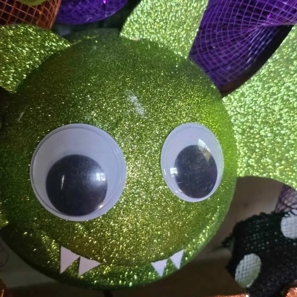 Colorful Googly Eye Green Glitter Bat Black Bow Wreath Halloween Decoration